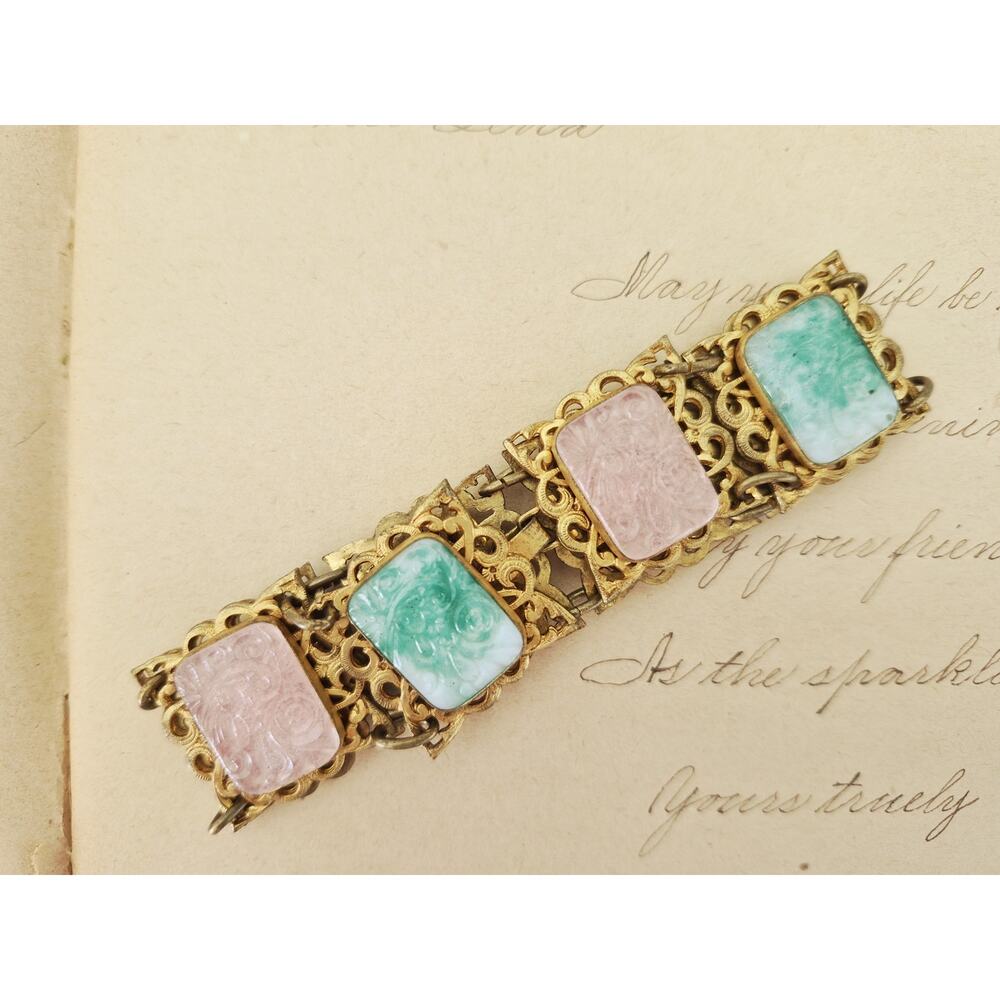 Vintage MCM Brass Faux Jade and Rose Quartz Filigree Panel Bracelet